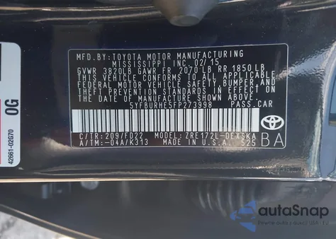 2015 Toyota Corolla S from USA, damaged, VIN 5YFBURHE5FP273998